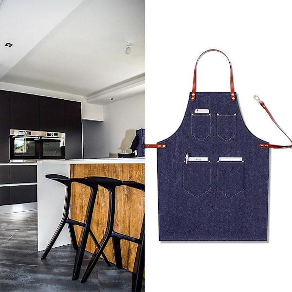 Blå denim kockförkläde för män, arbetskläder, professionellt för grillning, vattentätt med verktygsfickor, handduksöglor