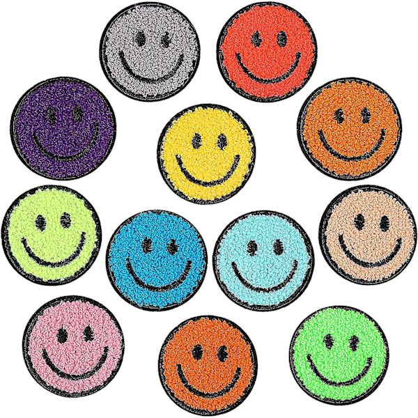 12 stk Smiley Face-lapper Stryk på-lapper Glade Ansikter Chenille-lapper for Klær Kjoler Jakker Smiley-lapper for Hatter Søte Broderte{HH}