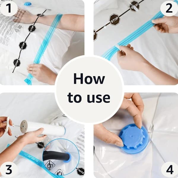 Basics vakuumpåse för kläder med lufttät ventil och handpump – medium, 5-pack, dragkedja, transparent 6-pack (medium)