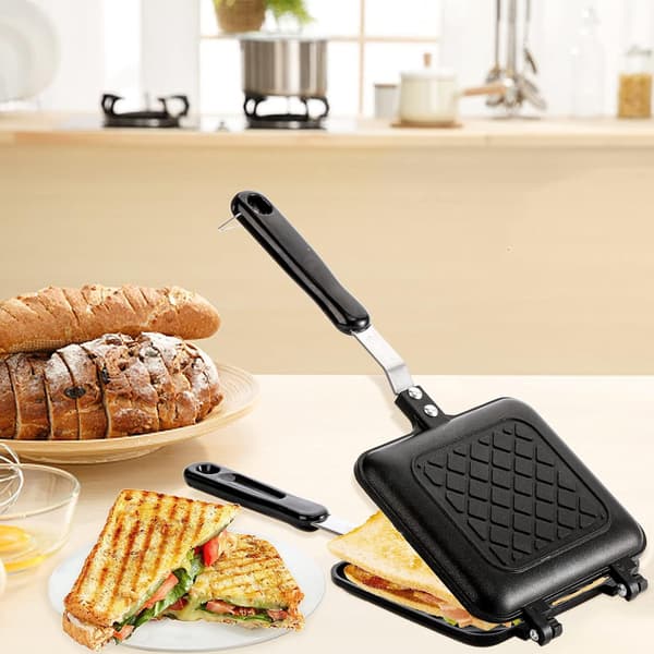 Dobbeltsidig smørbrødgrillpanne, non-stick komfyrtopp-brødrister (svart) Grid baking pan
