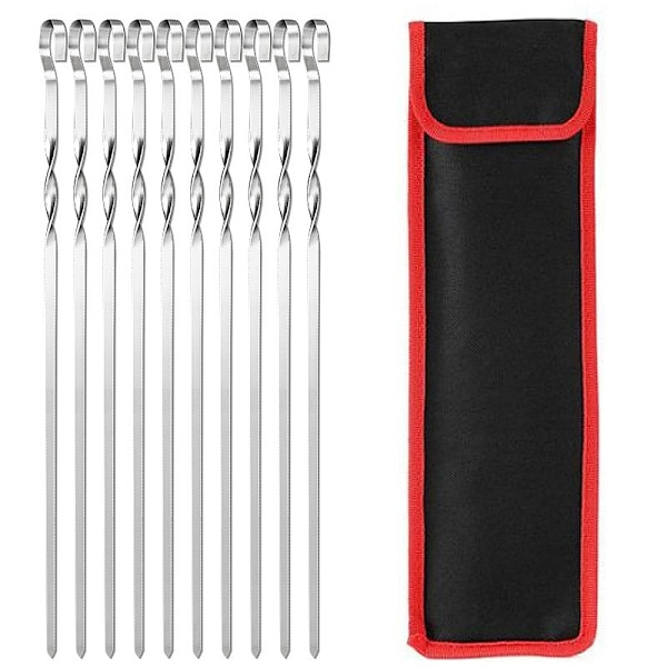 Set med 10 kebabspett i rostfritt stål, 36 cm platta metallspett
