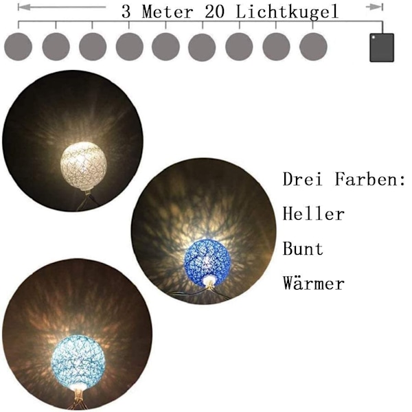 Bomuldskugle-lyskæder - 3m 20 LED kugle-lyskæder til indendørs natlampe
