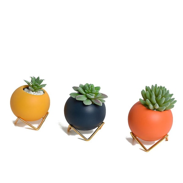 Suckulentkruka, Keramikvas, Morandi Modern Minimalist Creative, Blomsterarrangemang Grönt järnstativ, Hydroponiskt rund bollblomma orange