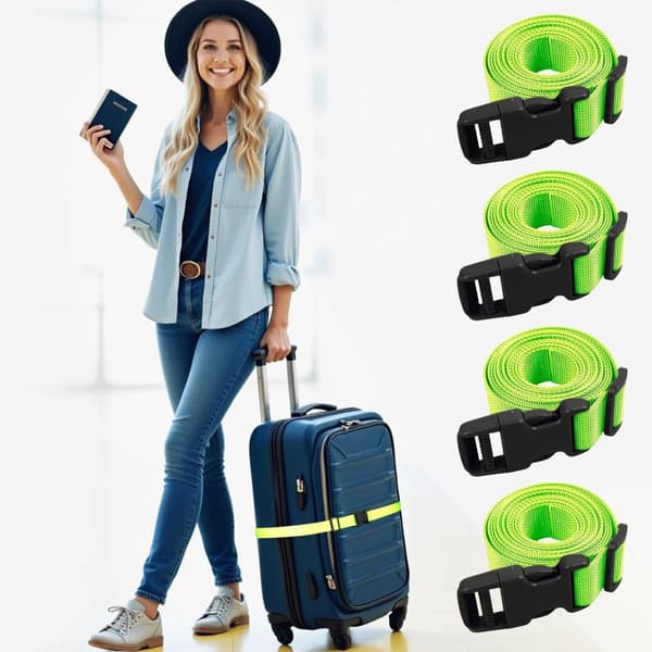 4-pack justerbara bagageremmar, 198 cm, hållbara plastspännen, för resväskor, ryggsäckar och resor, fluorescerande grön