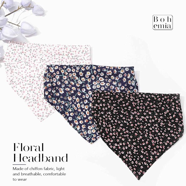 3 stk blomstrete hodeplagg, pannebånd i chiffon med elastisk hodebånd
