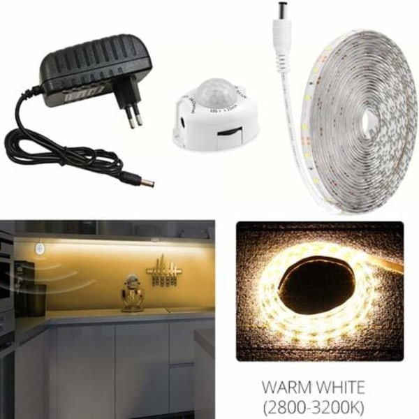 TS-5m varmhvit LED Nattlys, Fleksibel LED-stripe med PIR-bevegelsessensor - Komplett sett med DC 12V transformator, IP65 vanntett for seng