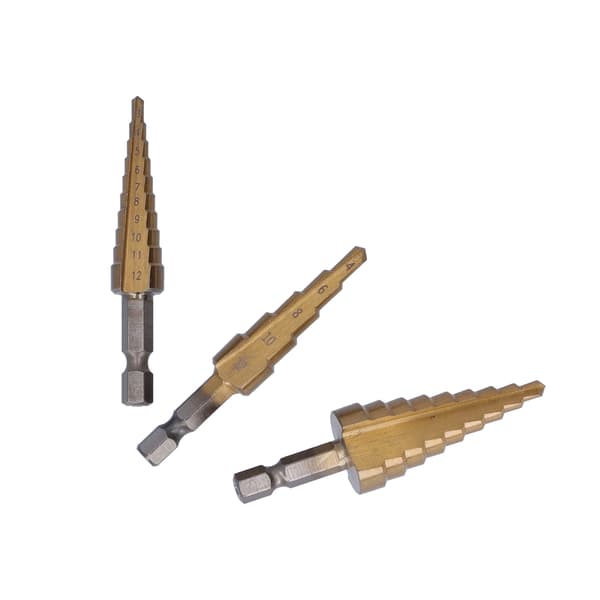 3pcs Titanium Coated Step Drill Bit Set Hex Shank Straight Flute Sizes 3-12 4-12 4-20
