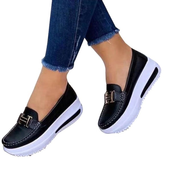 Bekväma plattform Loafers för kvinnor Casual Flat Pu Walking Skor Vintage Black 38