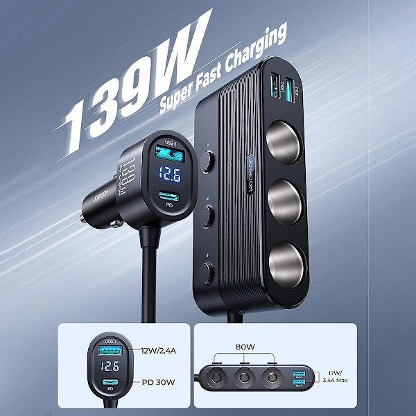 TS-139w 7-i-1 Billaddare Adapter Snabb Pd Qc3.0 Uttag Cigarettändaruttag Splitter Laddningsbrytare DC-uttag