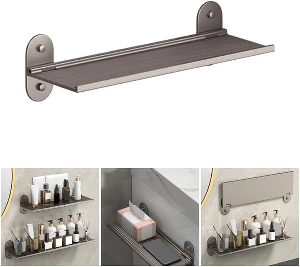 Sammenleggbar baderomshylle i aluminium, rustbestandig, borefri installasjon, plassbesparende, for små rom, grå, 30 cm