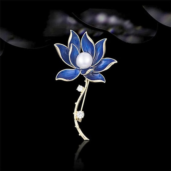 Blå Lotus Blomma Brosch Nål Dam Broscher Pärla Blomma Brosch Strass Brosch Nål Elegant Bröllop Bukett Kläder