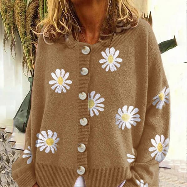 Daisy Pattern Stickad Tröja för Kvinnor, Knappdetaljer, Rund Hals och Lös Passform