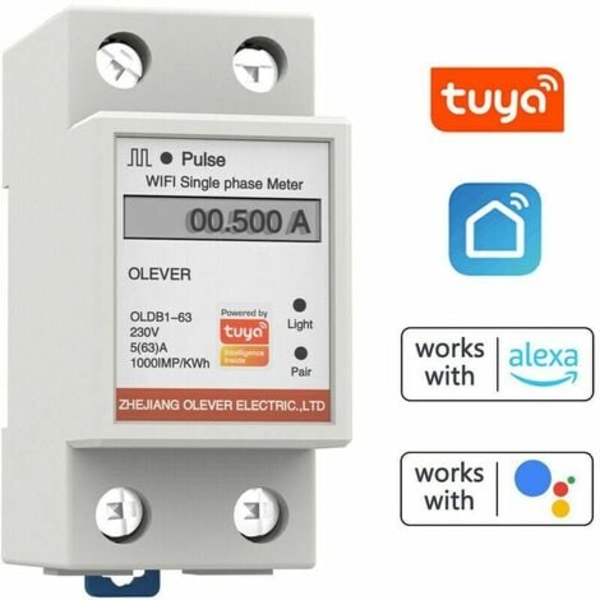 Tuya WiFi Smart Energimåler - Enkeltfaset Måler - Mobil App Kontrol - Vis Spænding, Strøm, Aktiv Effekt og Energiforbrug