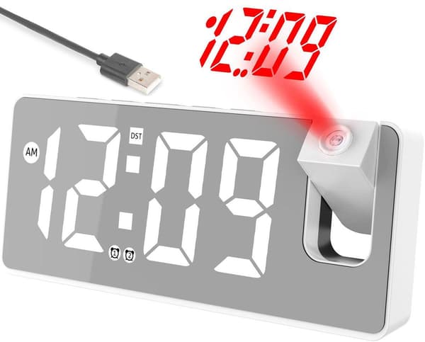 Digital projeksjonsvekkerklokke med dobbel alarm, slumrefunksjon, stor LED-skjerm for soverom, barn, eldre, gråhvit