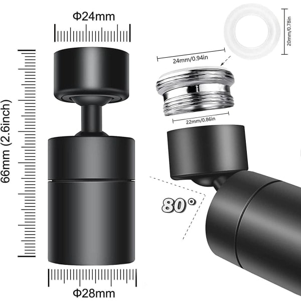 Kranluftblandare, 360° roterbart munstycke Kökskran (Svart), 2 lägen Vattenbesparande Kranluftblandare, Sprayluftblandare Filter Kökskran Badrum Handfat