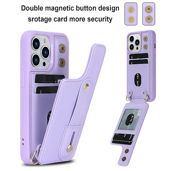 Telefonfodral med kortficka, armband, stativ, PU-läder + TPU för iPhone 12/12 Pro Purple