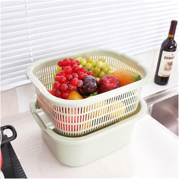 Double-Layer Multifunctional Vegetable Washing Bowl with Drain Basket - Thickened Large Plastic Kitchen Colander for Fruits & Vegetables Green