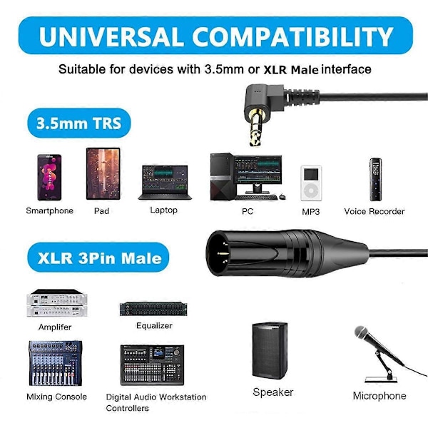XLR-kabel 3,5 mm til XLR-hunn lydkabel Aux lydledning for mikrofon mikser høyttalere forsterker