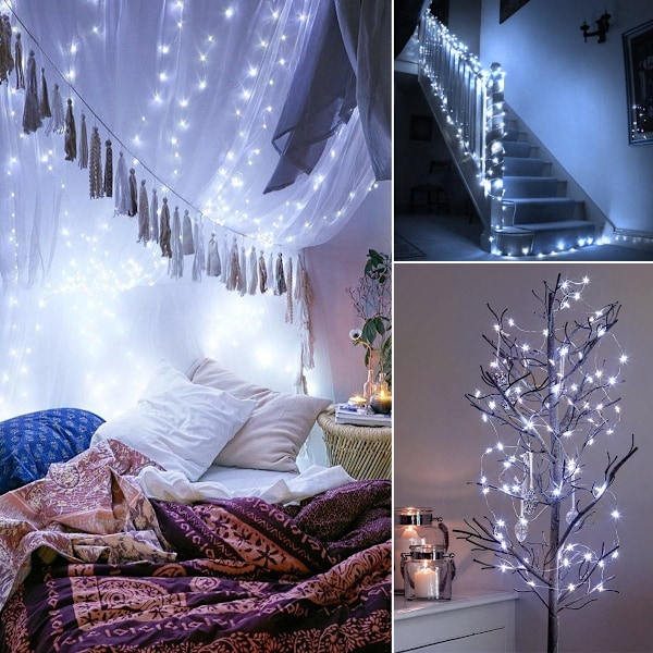 Päivitetyt aurinkokennovalot ulkokäyttöön, 12 m 120 LED 8 tilaa kuparilankavalaisin, aurinkovalot, vedenpitävä aurinko (valkoinen)