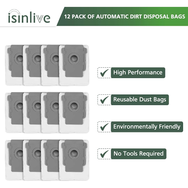 12-pack dammsugarpåsar kompatibla med iRobot Roomba i3+(3550) i7+(7550) s9+(9550) i6+(6550) i8+(8550) Clean Base tömningspåsar