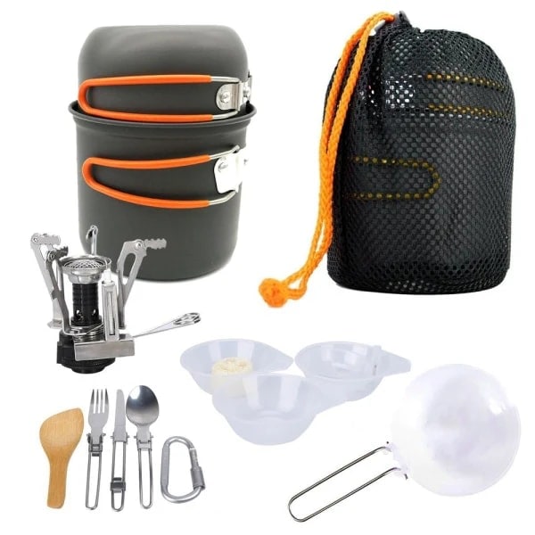 Stormkök med brännare Orange (kniv, gaffel, sked + minikök)