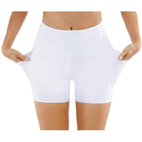 Yogashorts, damshorts, sidofickor med telefonficka, hög midja, yogafitness, träningsbyxor, underdel, vit (S)