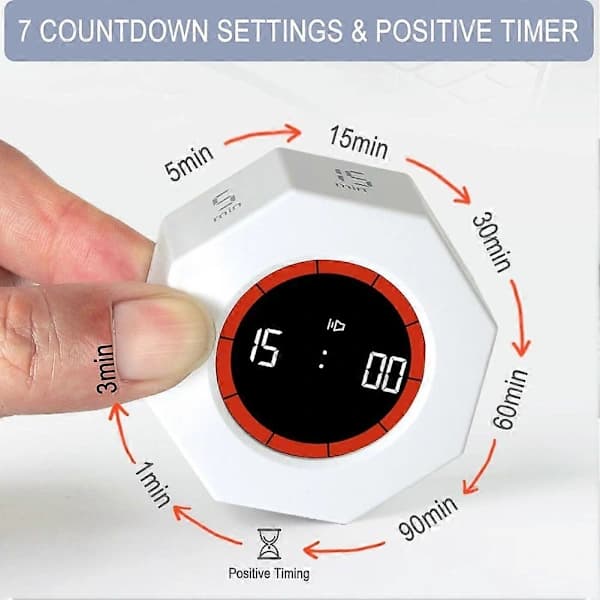 Digital Produktivitets Timer, Roterende Pomodoro Timer med 1-3-5-15-30-60-90 Min Nedtælling, til Studier Hvid