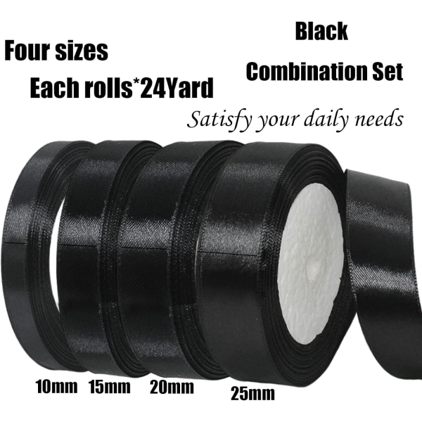 22 m svart band, Xmas Ribbon Rolls Tygband (4st)