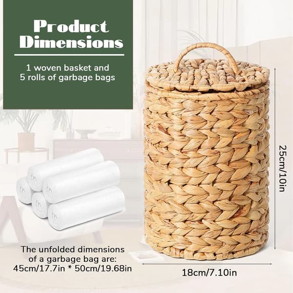 Boho flätad papperskorg med lock, av vattenhyacint med 100 soppåsar för badrum, sovrum, kök, 5 liter, natur