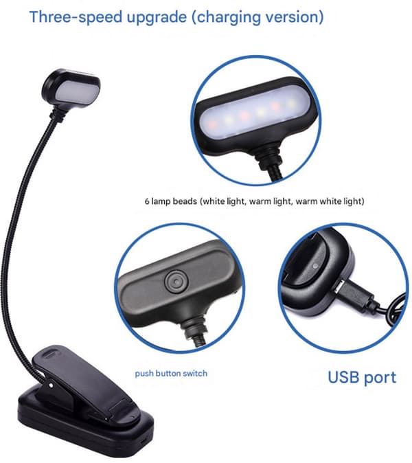 LED-boglampe, USB genopladelig, 3-niveau dæmpning, 360° drejelig, magnetisk base og klips, til sengekant, rejser, camping, sort