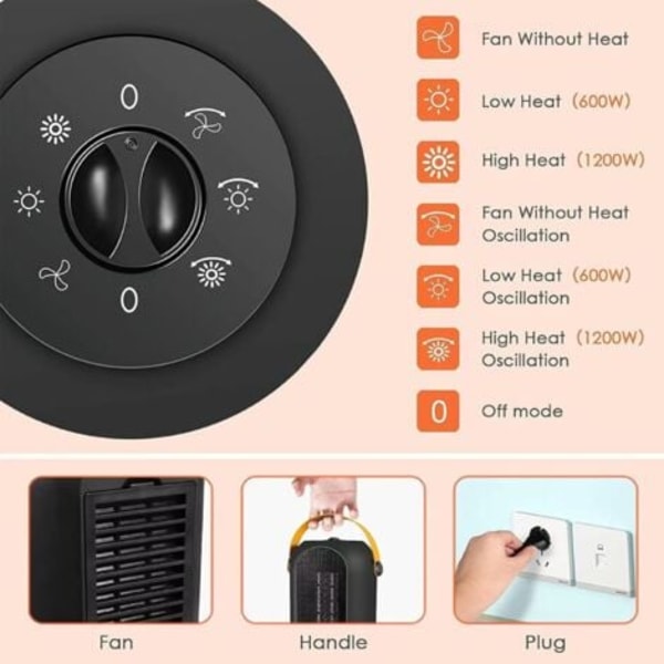 TS-Mini Lämmitin 1200W, 6 tilaa, PTC Keraaminen Lämmitin, Sähkölämmitin, 90° Oskillointi Säädettävä Termostaatti Kylpyhuoneeseen