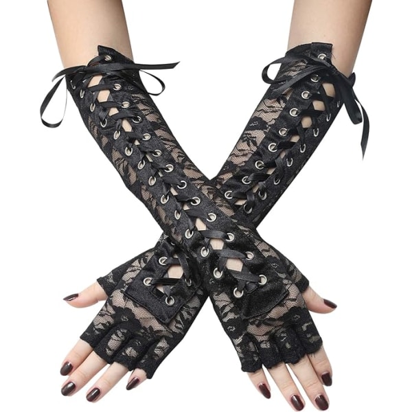 Steampunk-handskar Snöra fingerlösa handskar Justerbara långa handskar för kvällsfest (1 par, svarta)
