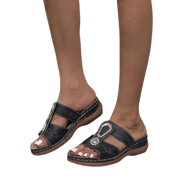 Kvinnor Rhinestone Wedge Sandals Open Toe Tofflor Sliders Casual Summer Beach Shoes Black 43