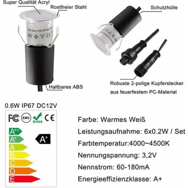 TS-Sarja 6 upotettavaa LED-aurinkospottia ulkokäyttöön, IP67, vedenpitävä, 0,2 W, Ø 32 mm, sisä- ja ulkokäyttöön, terassille, keittiöön, puutarhaan, 4000 K (kylmä valkoinen)