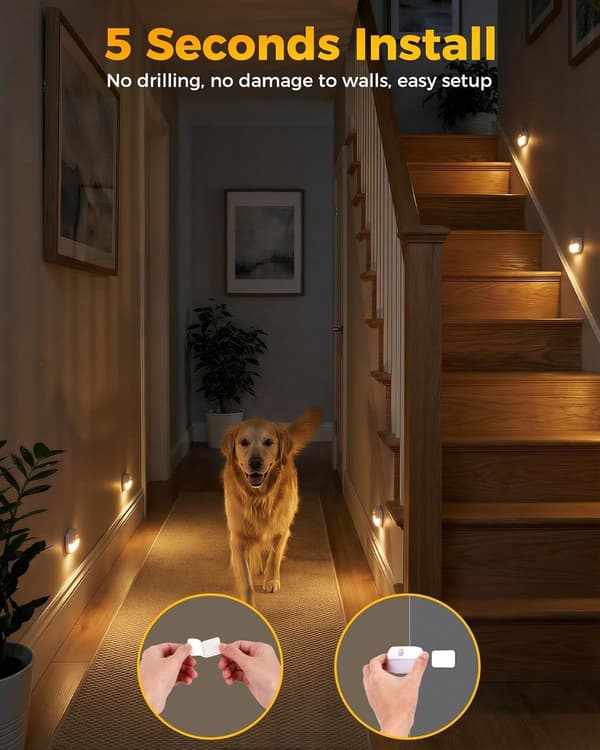 Rörelsesensor Trappbelysning Batteridriven, Varmvit LED Nattlampa med Självhäftande Baksida för Trappor, Garderob, Hall, Sovrum, 4-pack