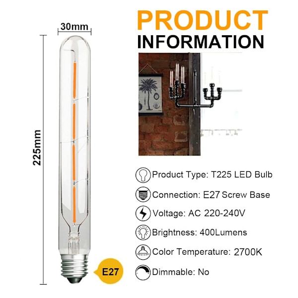 Set med 5 långa rörformade LED-lampor, 4W, motsvarande 40W glödlampa, E27-sockel, varmvit 2700K, 400LM, transparent glas, AC 220-240V