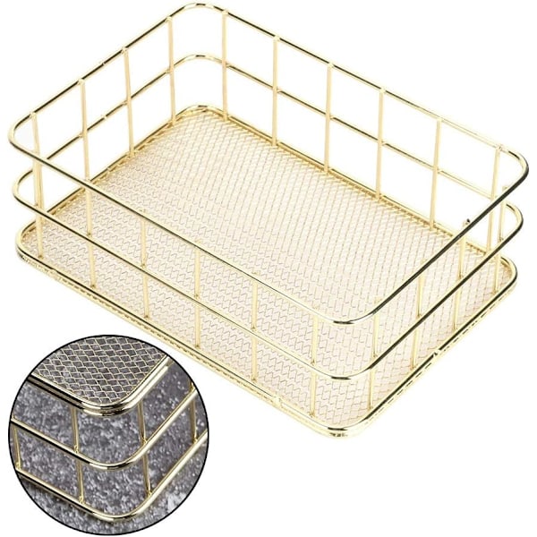 Opbevaringskurve i guld, Guldmetalkurv Multifunktionel Gylden Jernopbevaringskurv Trådnet Skrivebordsopbevaringsorganisator, 24*16*6.6CM