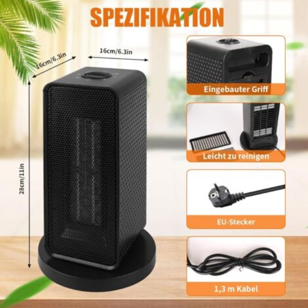 Mini energisparende vifteovn, stillegående elektrisk vifteovn, 1200 Watt keramisk varmeovn, 70° rotasjon, 3 moduser, kontor, stue, energiklasse C: