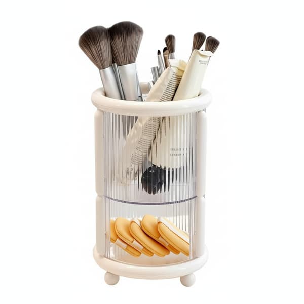 Makeupbørste Organizer, 2-lags Roterende Opbevaringsholder til Kosmetik og Svampe White