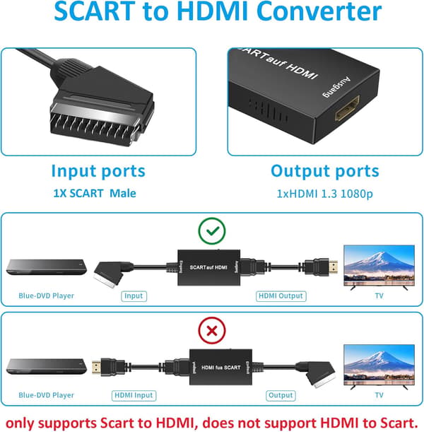 Scart til HDMI-omformer, Scart til HDMI-adapter, video- og lydomformer, Plug & Play, Scart til HDMI-omformer for dekoder, Xbox, PS3