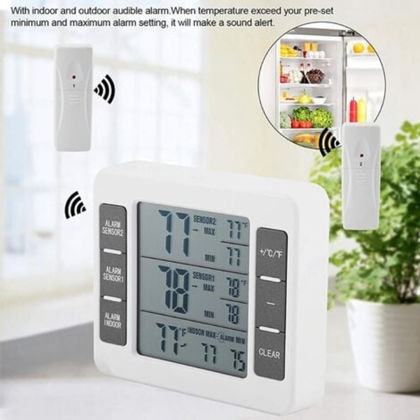 Kyl- och frysskåpstermometer Digitalt larm Ljudlarm med trådlös sensor Min/Max-display