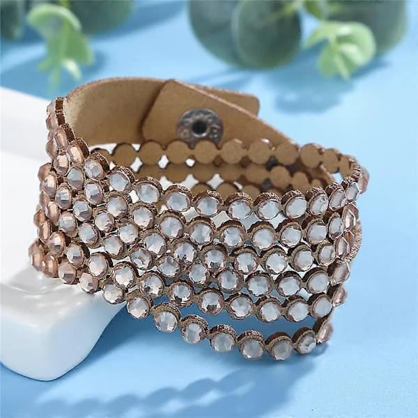 Dame Læderlook Krystalarmbånd Kollektion-Khaki-40cm