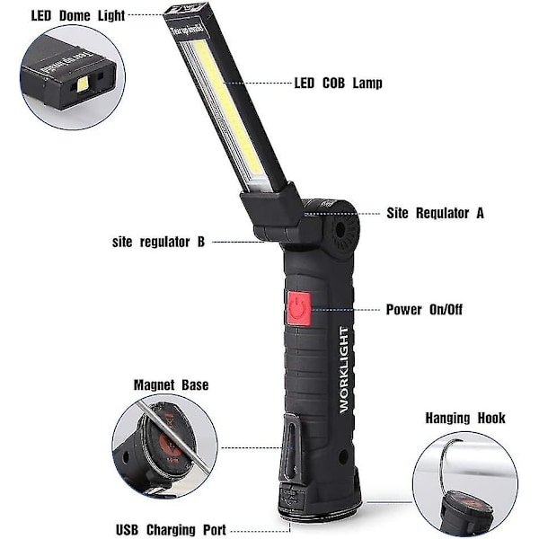 Arbeidslampe Led Arbeidslampe Oppladbar Led Inspeksjonslampe Magnetisk Base 5 Moduser For Garasje, Camping, Liten Nødlampe, 2 Pie