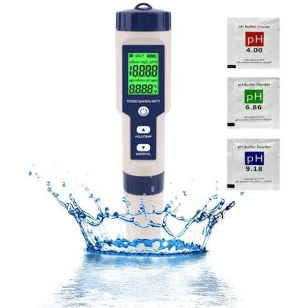 TS-PH-mätare, 5-i-1 PH/TDS/EC/Salthalt/Temperaturmätare, Vattenkvalitetsmätare för Pooler, Hydroponisk Odling, Dricksvatten, Akvarier