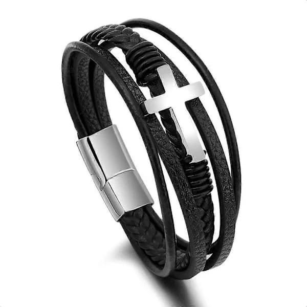 Læder Magnetisk Spænde Kors Rustfrit Stål Armbånd Herre Titanstål