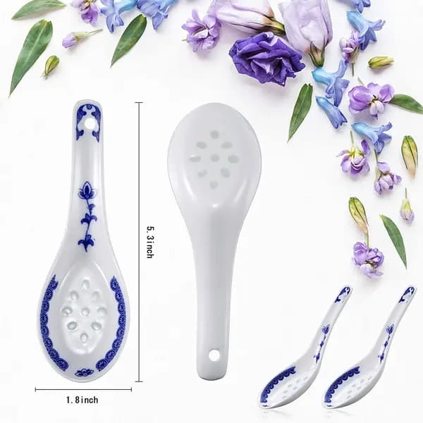 8 Pieces Chinese Style Ceramic Soup Spoons, Blue and White Porcelain Patterned Cutlery
