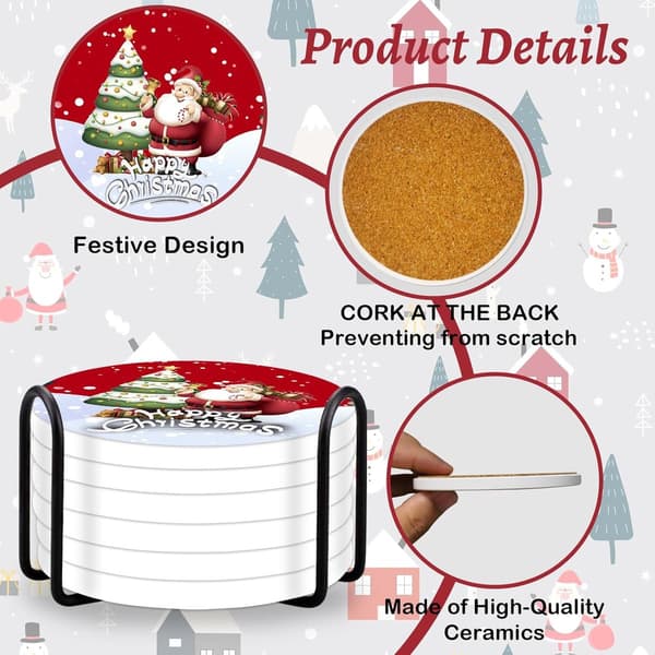 Julekeramiske underlag sæt med 6, absorberende korkbagside med sort metalholder, til hjemmeferiefester, 10 cm