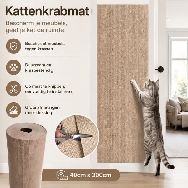 Kattekløsmåtte, selvklæbende slidstærk fnugfri tæpperulle til sofa- og vægbeskyttelse, 40 x 300 cm, khaki