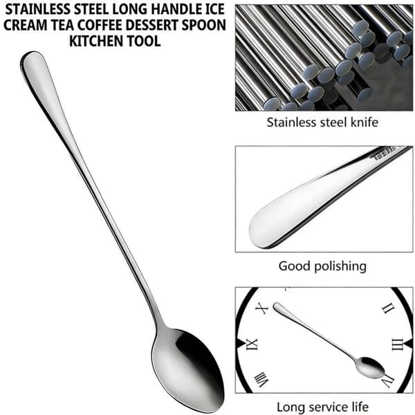 Langhåndterede dessertskeer sæt med 10, rustfrit stål Latte Macchiato is teskeer til hjemmecafébar, sølv 19,5 cm