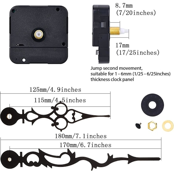 Quartz urværk med 170 mm / 6,7\" visere til gør-det-selv vægur (sort)